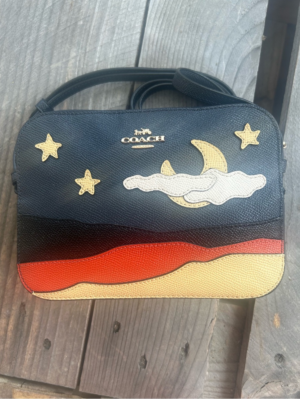 Coach Desert Moon & Stars Appliqué Camera Crossbody Black Pebbled Leather Rare